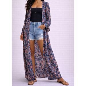 Blue Paisley Open Kaftan Maxi Cover-Up